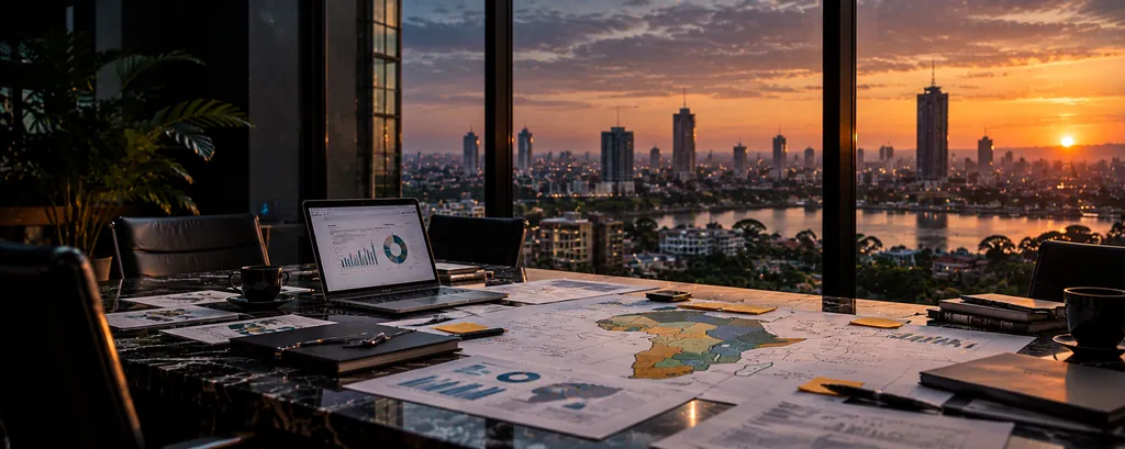 Illustration: a strategy table with maps and reports, a city at sunset beyond tall windows